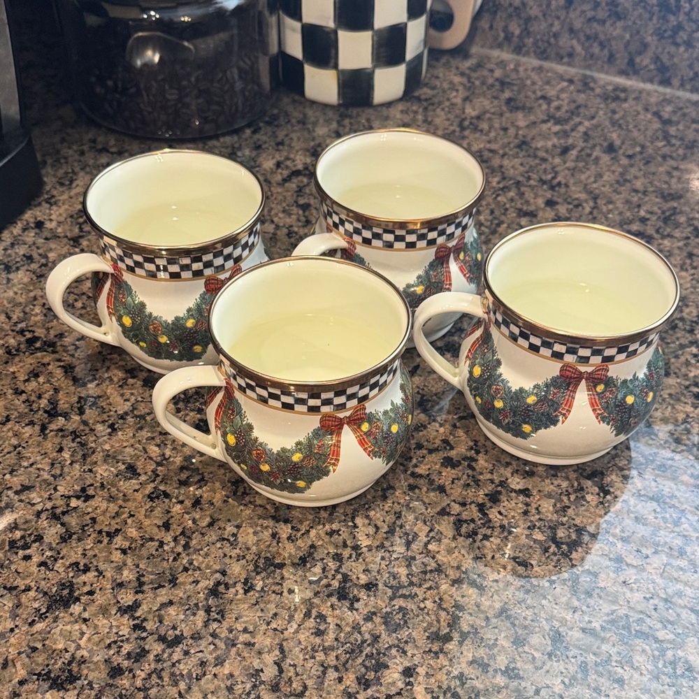 Mackenzie Childs Enamel Evergreen Mugs - Set of 4